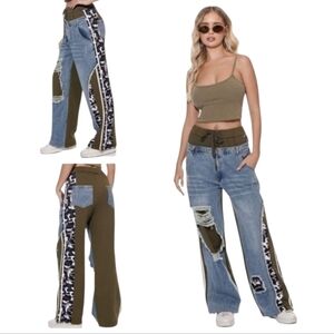 Women's Elastic Waist Wide Leg Camo Print Olive Green Denim Track Style Pants